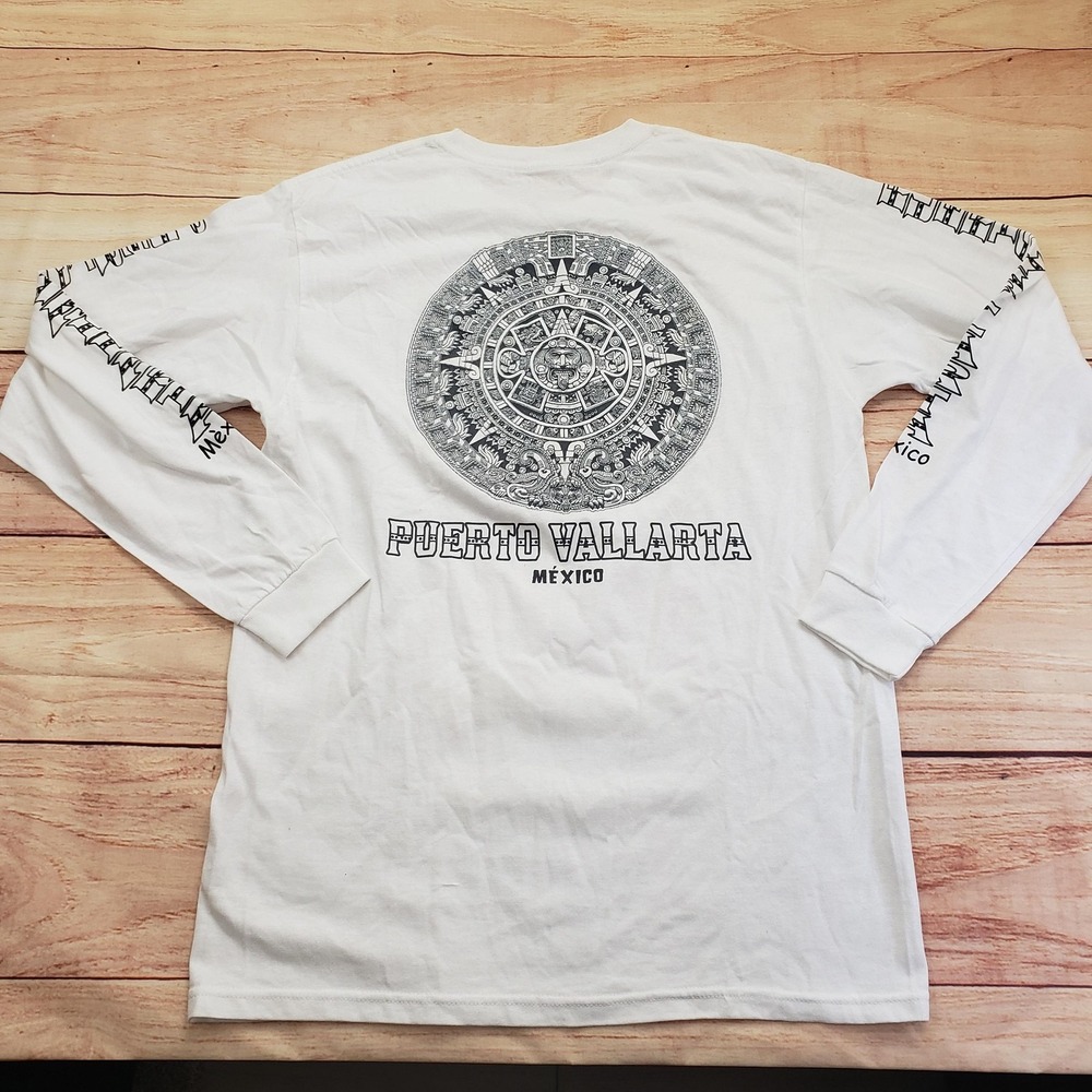 Puerto Vallarta Mexico Shirt Mens Small White Long Sleeve Aztec Calendar Graphic